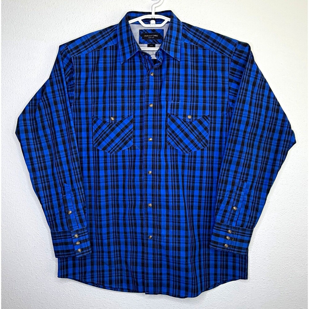 Ariat Pro Series Workwear Shirt Men’s Large Blue Plaid Stretch Snap